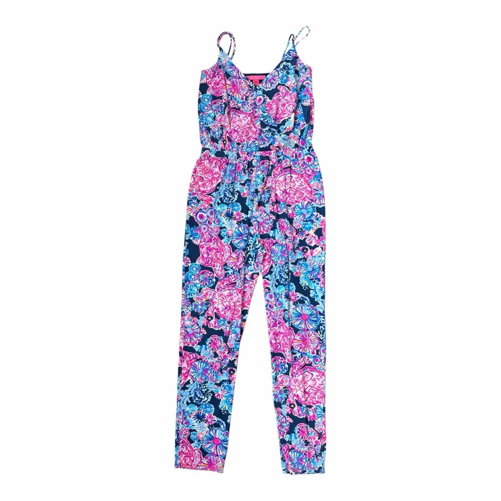 NWT Lilly Pulitzer Dante Jumpsuit High Tide Navy Pink In Turtle Amazement Size M - Picture 7 of 11